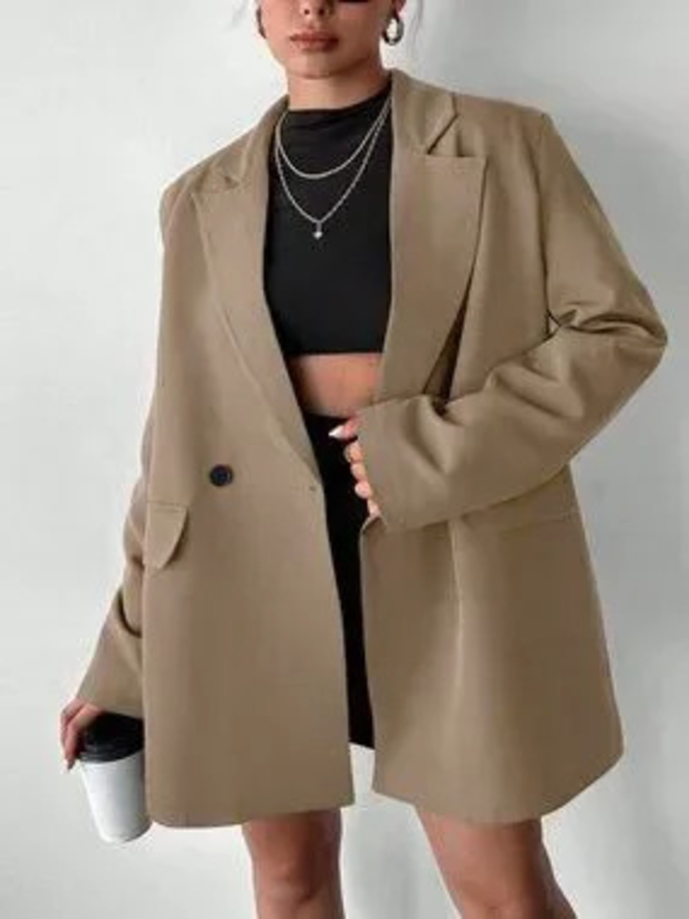 Mocha Brown Casual Women's Oversized Double-Breasted Blazer
